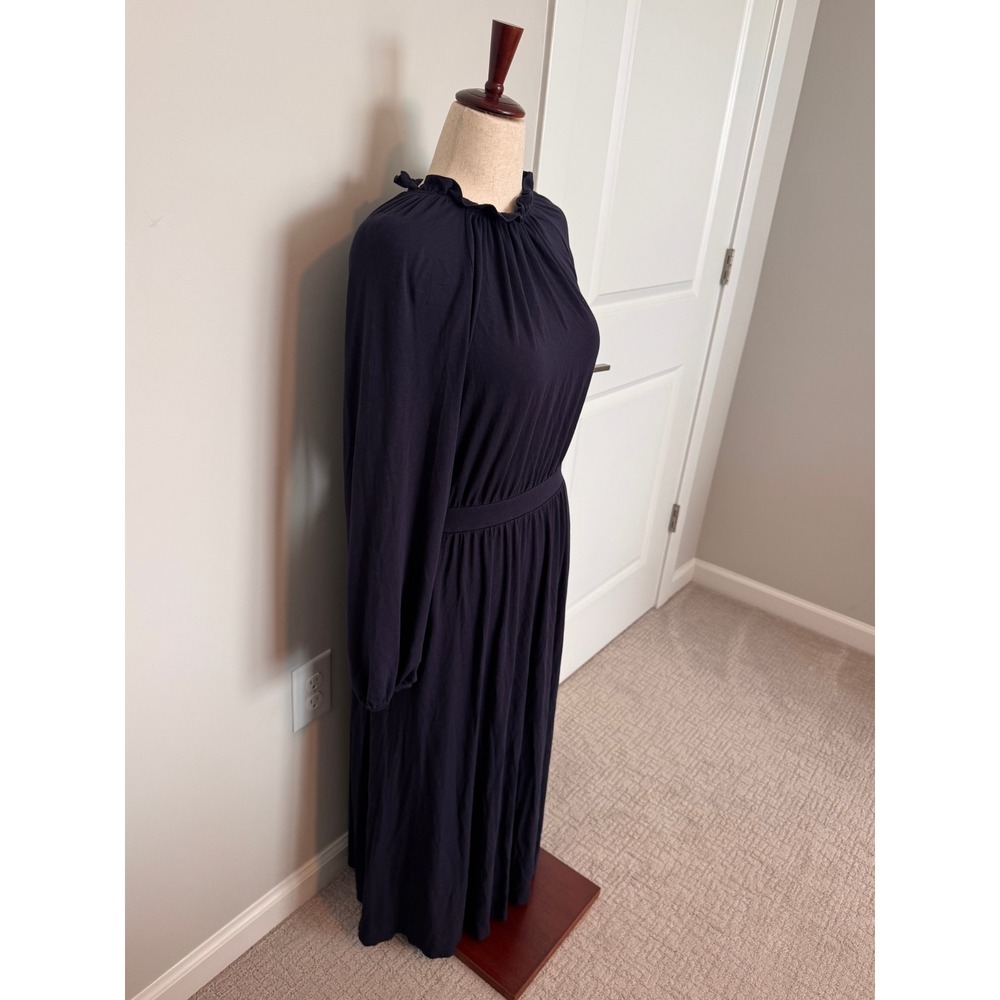 BODEN | Maxi Dress Women 12R Navy Blue Ruffle Neck Long Sleeve Jersey Casual - Picture 4 of 8